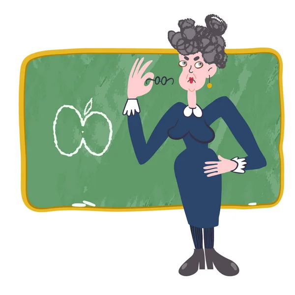 Funny illustration of a school teacher holding glasses — Stok Vektör