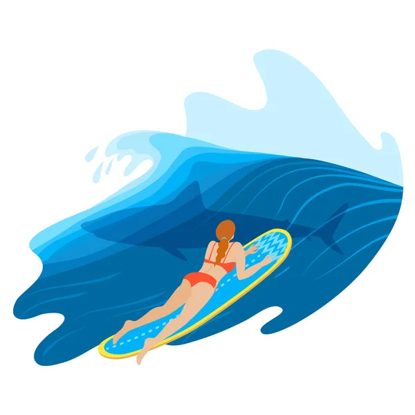 Young girl catching big wave and shadow of shark. — Stock Vector