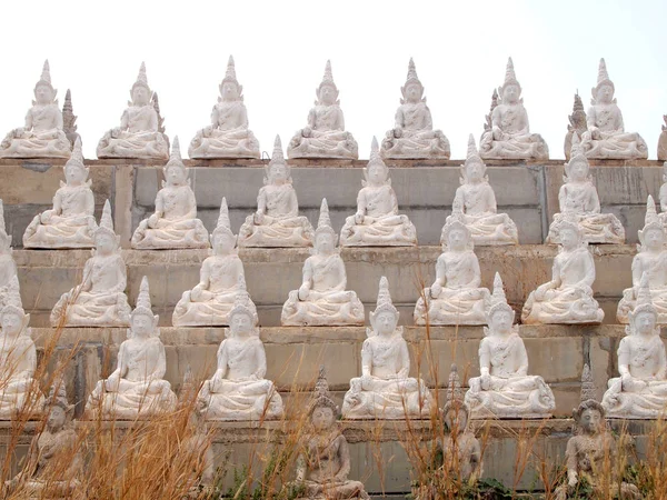 Sakeaw, Thailand - 29 maart 2015: Rij van witte Boeddha standbeeld op het veld voor de eredienst. — Stockfoto