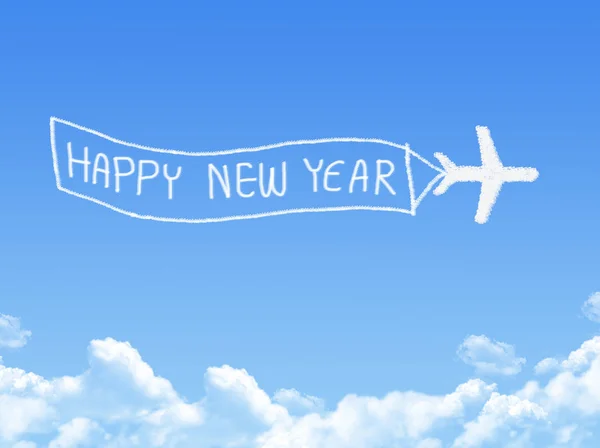 Repülőgép Cloud alakú, boldog új évet banner ragaszkodni repülőgép — Stock Fotó