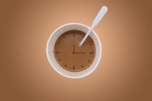 Cup Coffee Clock Brown Background — Stock Photo, Image