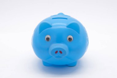 Mavi kumbara ya da para kutusu beyaz arka planda izole edilmiş.