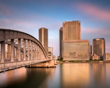 Kachidoki köprü ve Sumida nehir gün batımında, Tokyo, Japonya