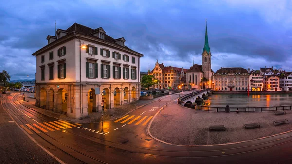 Panorama of Helmhaus and Fraumunster Church in the Morning — Stock Photo, Image