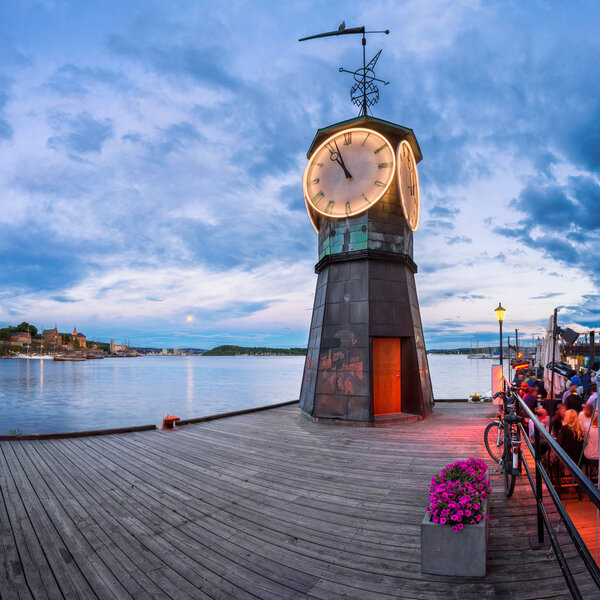 Clock Tower at Aker Brygge in Oslo, Norway
