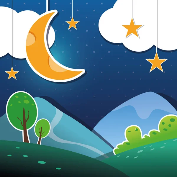 Nacht Landschaft Illustration mit Mond und Sternen. Papierkunststil. — Stockvektor