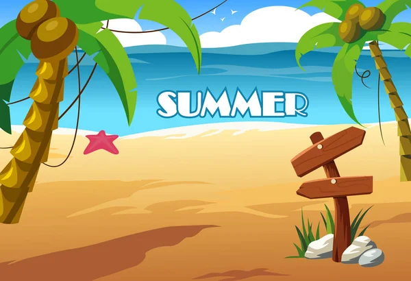 Paysage marin d'été avec palmiers et pointeur / panneaux . — Image vectorielle