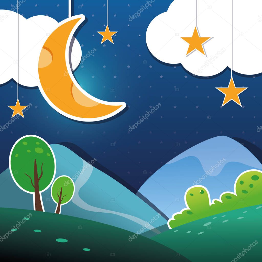 Night landscape illustration with moon and stars. Paper art style.
