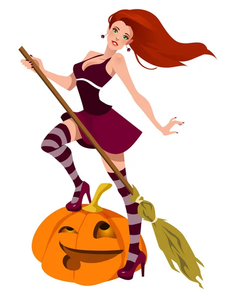 Bruxa de Halloween sexy com uma vassoura — Vetor de Stock