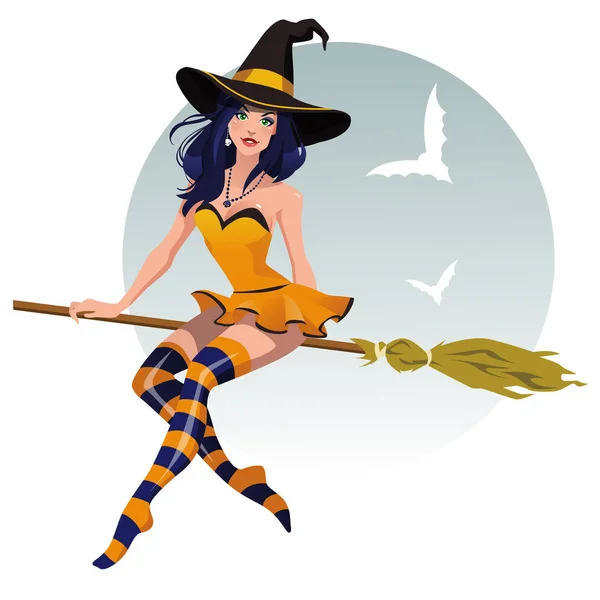 Sexy halloween witch with a broomstick — Stock Vector