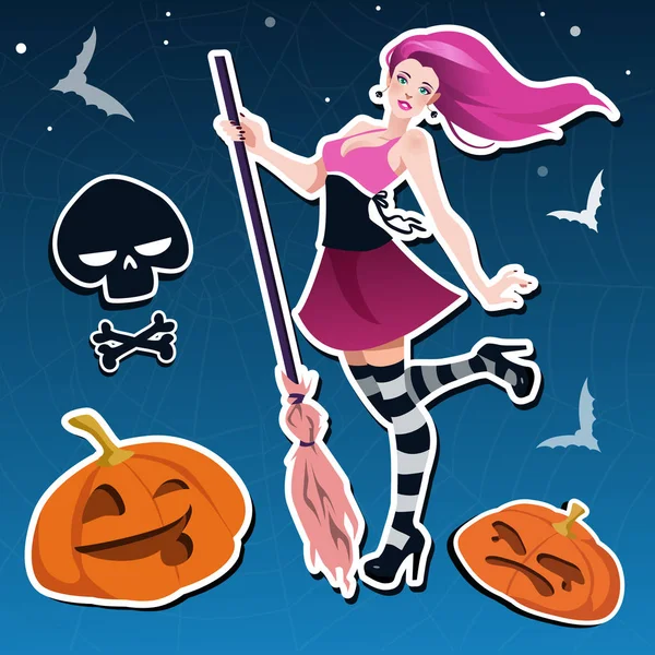 Halloween sticker set. Witch. broomstick. Pumpkin. Skull. — Stock Vector
