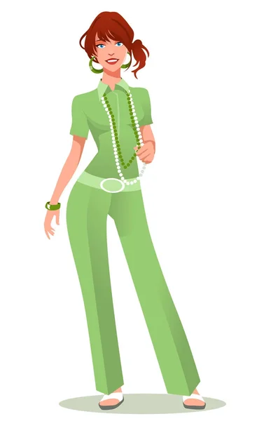 Bella ragazza in costume retrò verde con perline. Illustrazione vettoriale — Vettoriale Stock
