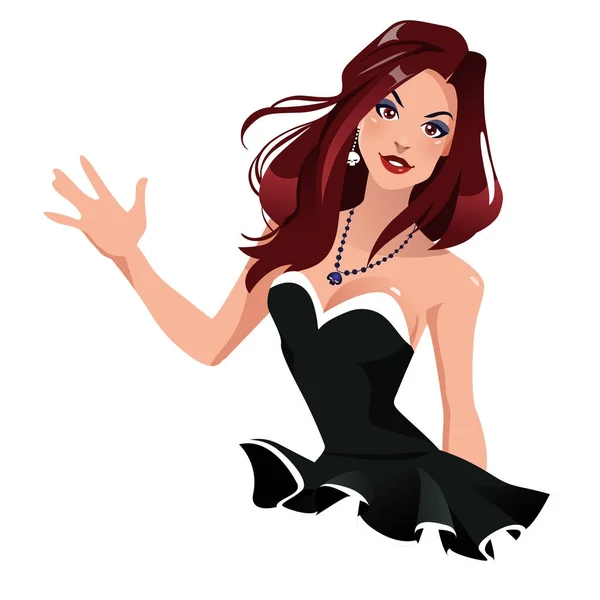 Bella ragazza in abito nero agitando con la mano. Illustrazione vettoriale. Capelli rossi — Vettoriale Stock