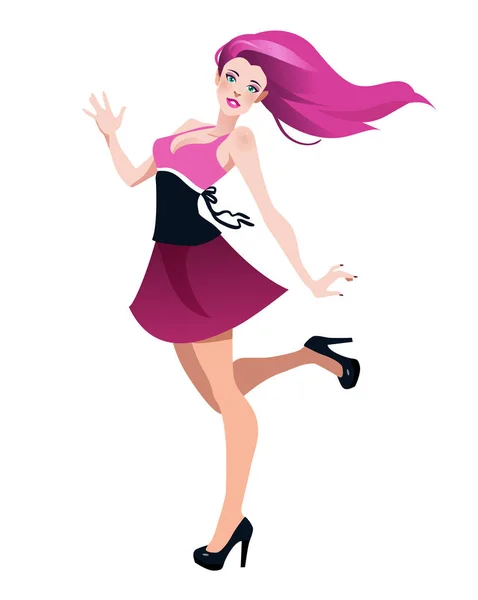 Bella ragazza in abito rosa agitando con la mano. Illustrazione vettoriale. Capelli rosa — Vettoriale Stock