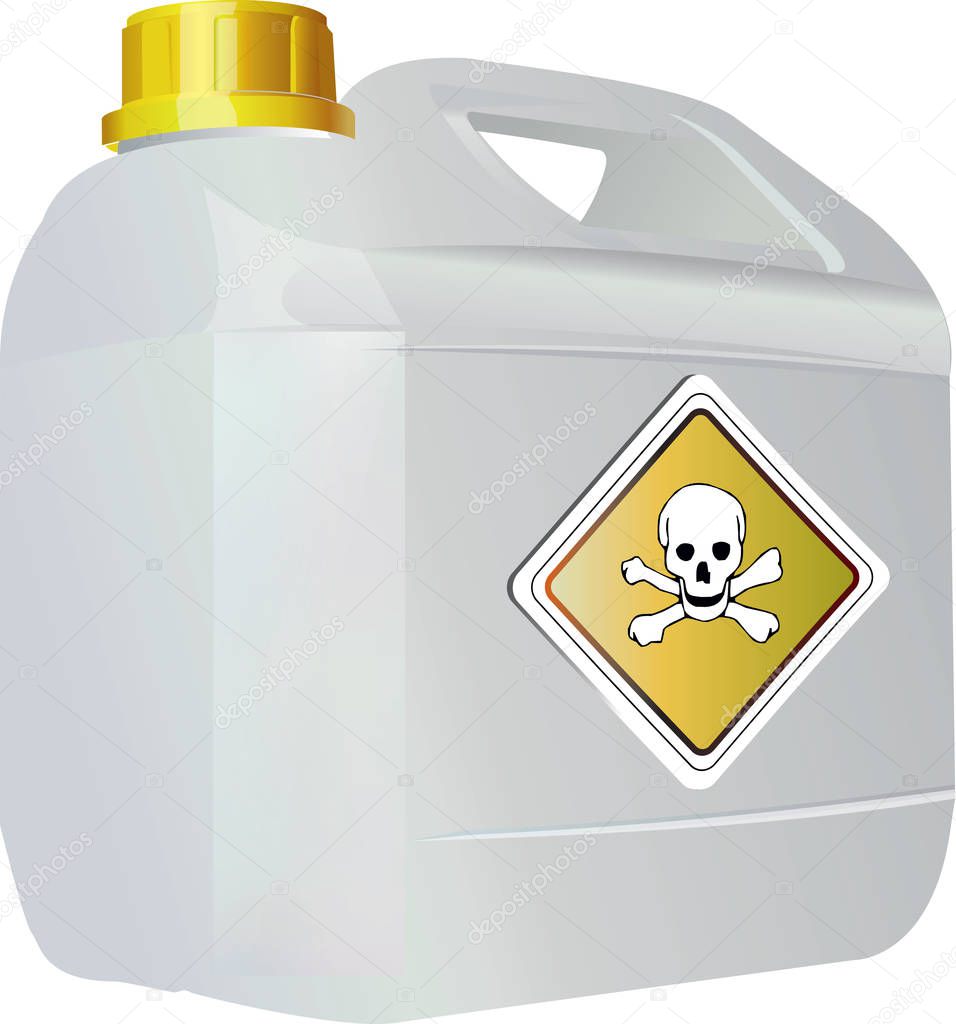 Empty plastic canister with a label. Skull sign. 