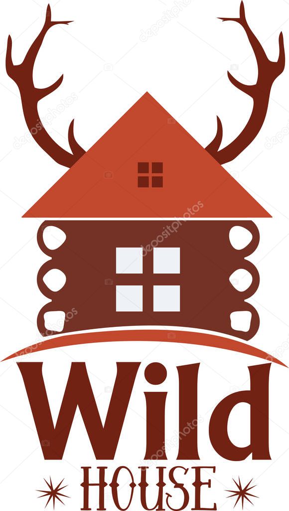 Wooden fabulous house with deer horns. Wild house logo.