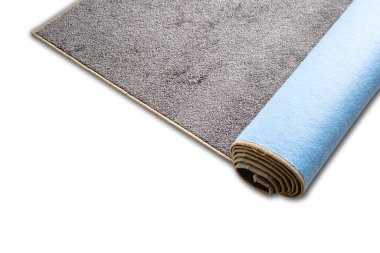 Roll of carpet in brown on a white background. Carpet with stitched edges.