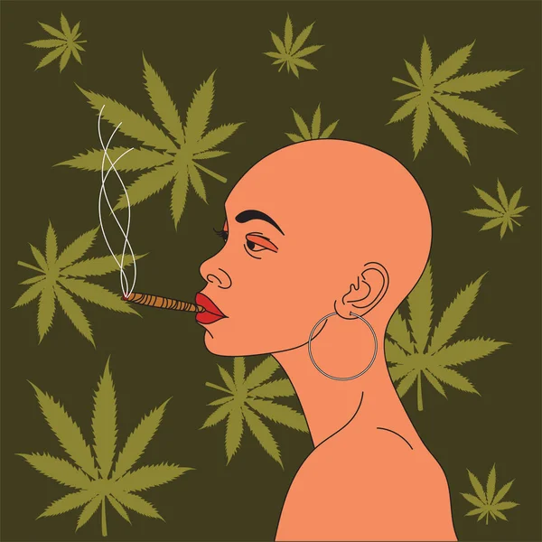 女の子は麻を吸う。大麻の葉の背景を背景に。. — ストックベクタ