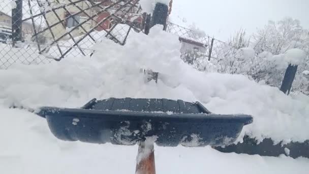 Mann Räumt Neuschnee Vor Dem Haus — Stockvideo