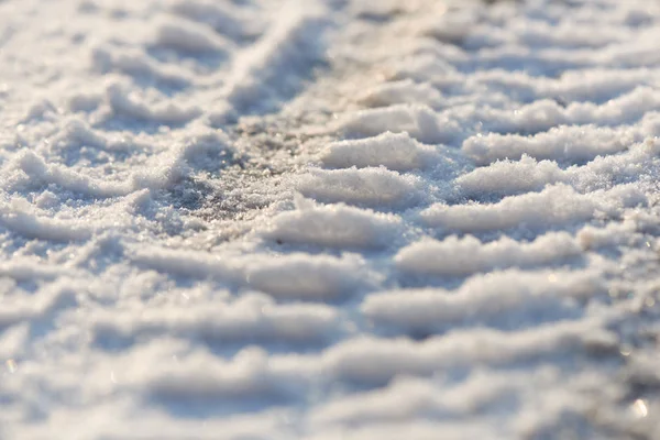 Trilhas Pneus Neve Congelada Gelo Detalhe — Fotografia de Stock