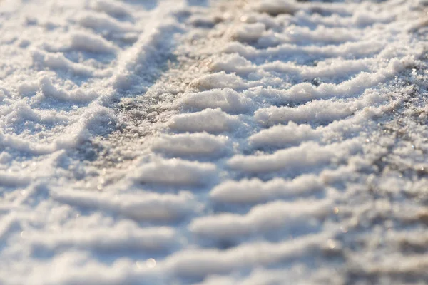Trilhas Pneus Neve Congelada Gelo Detalhe — Fotografia de Stock