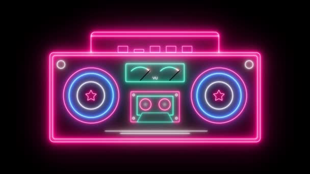 Party Retro Design Stereo Radio Recorder Cassette Player Animated Neon — Stock Video