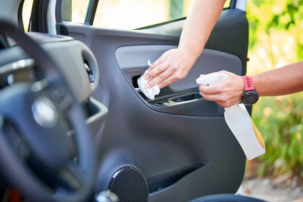 Disinfection Interior Driving School Car Coronavirus Time — Stock Photo, Image