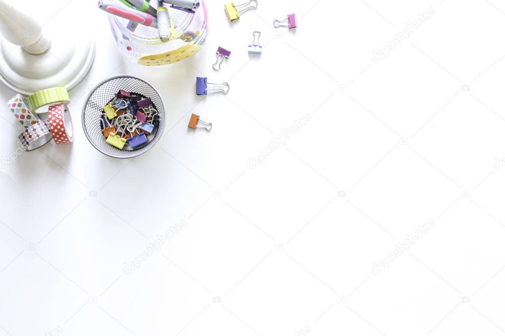 school and craft supplies on white background, art and craft material, school supplies, mock-up photo, stock photo, stock photography