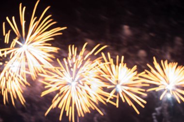 Şenlik ateşinde havai fişek gösterisi 4 Kasım kutlamaları, Kenilworth Kalesi, İngiltere.