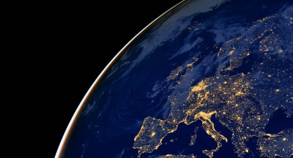 欧洲城市在世界地图上的灯光。欧洲。这个形象的元素是由美国宇航局提供的 — 图库照片