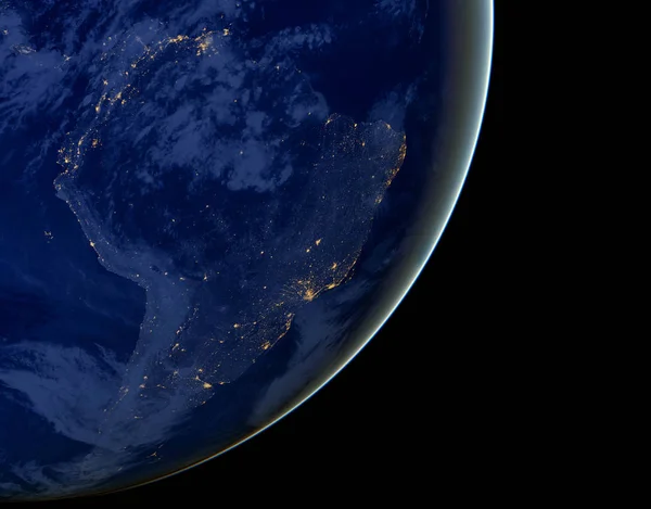 南美洲在夜间的灯光, 因为它看起来像从空间。这个形象的元素是由美国宇航局提供的 — 图库照片