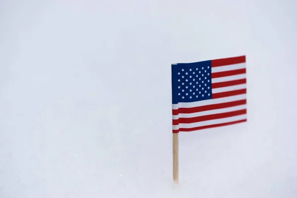 Small United State of America flag made from paper with brown toothpick on white snow background.