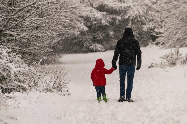 Baba küçük kızı orman Park ile yoğun bir kar yağışı sırasında yürür