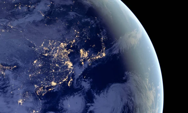 中国和日本在夜间的灯光, 因为它看起来像从空间。这个形象的元素是由美国宇航局提供的 — 图库照片