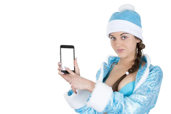 Schneemädchen zeigt Handy — Stockfoto