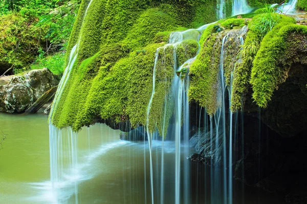 Detalhe da bela cachoeira cheia de musgo verde — Fotografia de Stock