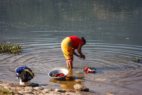 Phewa gölde Pokhara, Nepal Çamaşırhane yapıyor kadın