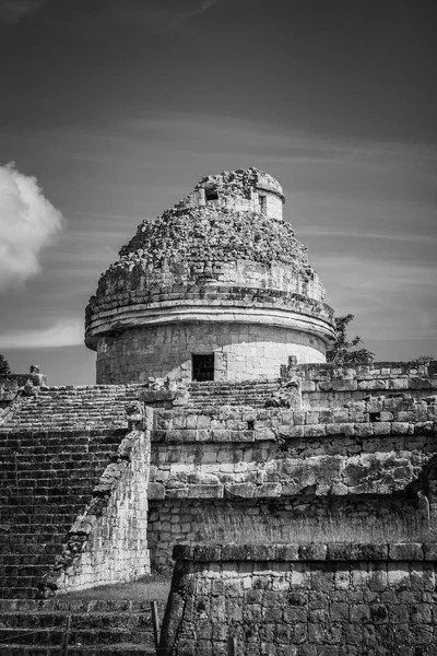 Zwart Wit Foto Van Oude Sterrenwacht Chichén Itzá Yucatan Mexico — Stockfoto