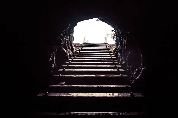 Stair with light at the exit of the Cuzama Cenote, Yucatan, Mexico