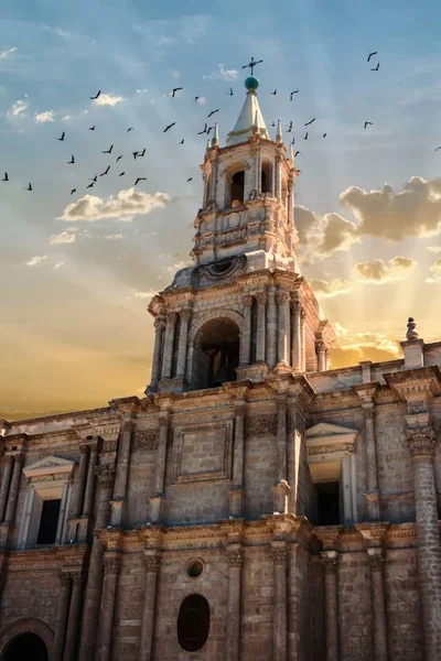 Belltower da catedral de Arequipa, Peru ao pôr-do-sol com pássaros — Fotografia de Stock
