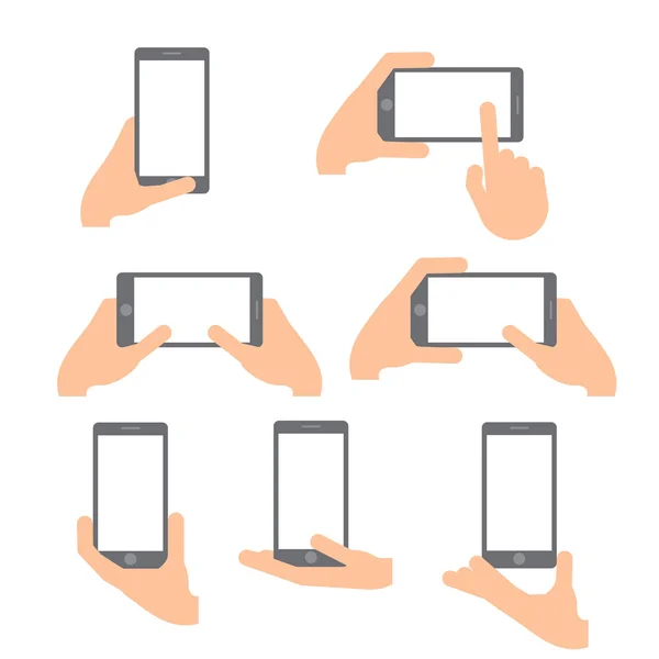 Sostiene un teléfono inteligente en posición vertical y horizontal — Vector de stock