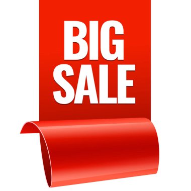 Satışı büyük başlığı. Gerçekçi kırmızı parlak kağıt şerit