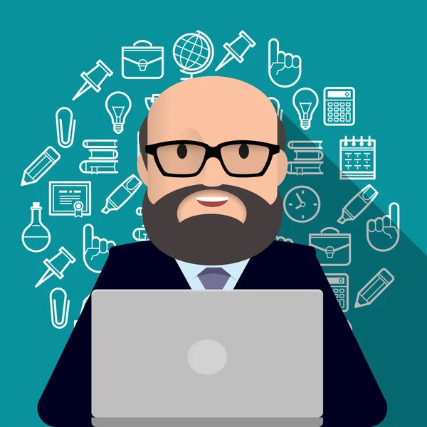 Profesor, profesor, hombre con barba trabajando en el ordenador . — Vector de stock