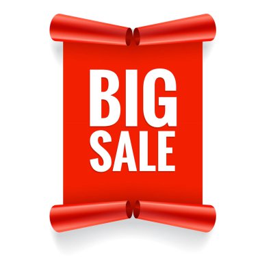 Satışı büyük başlığı. Gerçekçi kırmızı parlak kağıt şerit