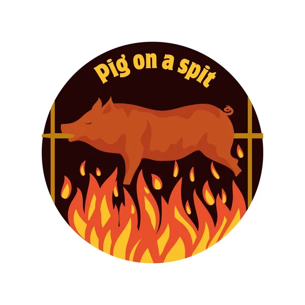 Schwein vom Grill. Schwein am Spieß. Schweinebraten. Schweinefleisch grillen. Symbol. — Stockvektor