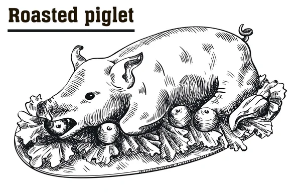 유아 돼지를 구운. 접시에 야채와 함께 볶은 돼지. — 스톡 벡터