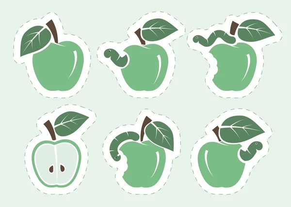 Manzana verde y gusano. conjunto de iconos de color — Vector de stock