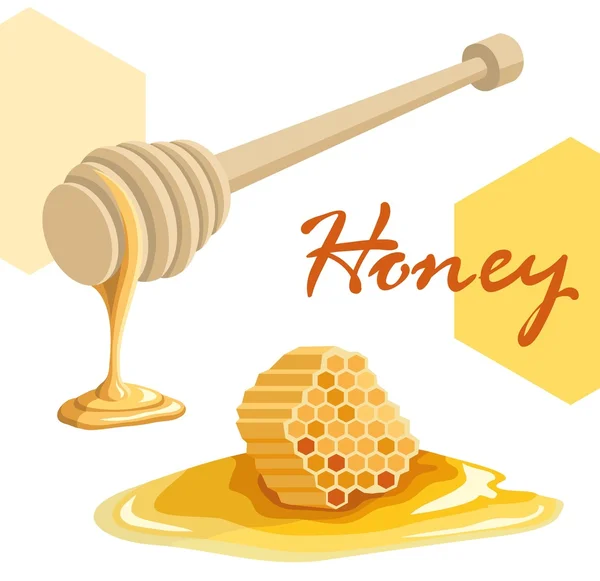 Dipper stick met druipende honing en honingraat — Stockvector