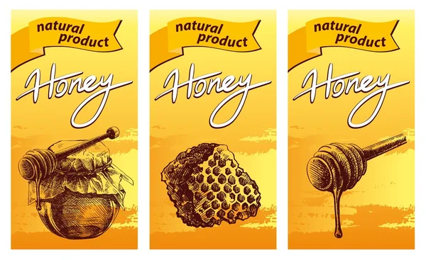 Pot à miel, baguette en bois et nid d'abeille — Image vectorielle