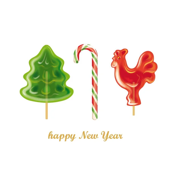 Peppermint candy canes. Christmas tree and rooster on stick — Stock Vector
